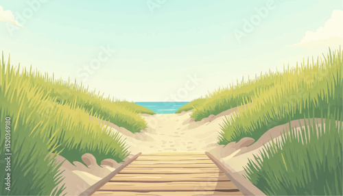 Beach Scene with Boardwalk Path and Grass