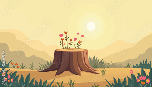 Tree stump with flowers and hearts at sunrise