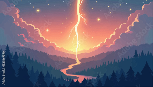 Lightning strike above forest and river