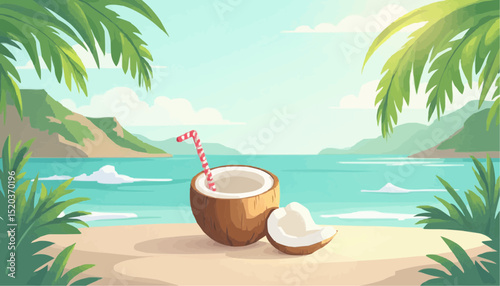Coconut Drink on Beach Cartoon Illustration