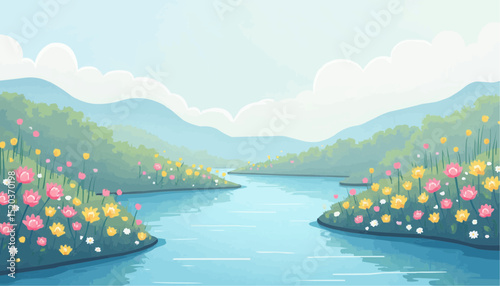River Landscape with Flowers and Hills