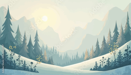 Winter Mountain Landscape with Snow and Pine Trees
