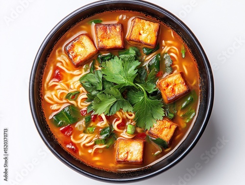 Asian Noodles in Spicy Ramen Broth with Tofu and Cilantro. Delicious Japanese Cuisine Photo