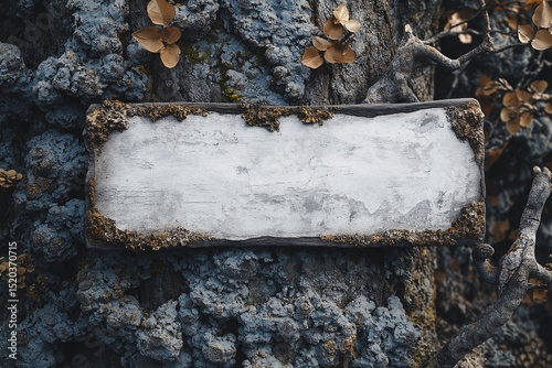 Rustic Wooden Sign on Tree Bark. Nature Details and Organic Textures in Forest Setting