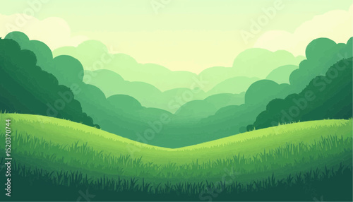 Green landscape with grass and trees in distance
