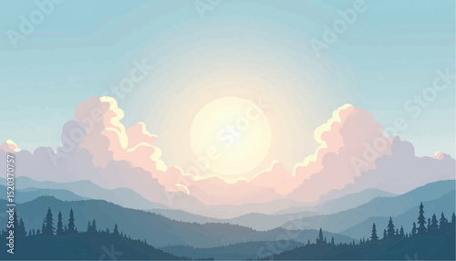 Mountain Landscape with Sun and Clouds
