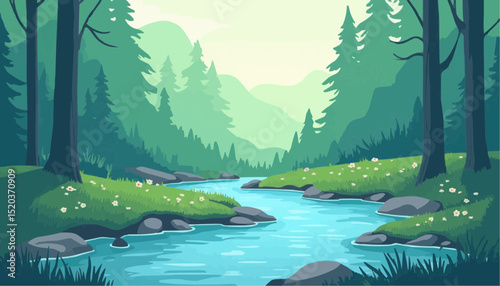 Forest River Illustration with Trees and Flowers