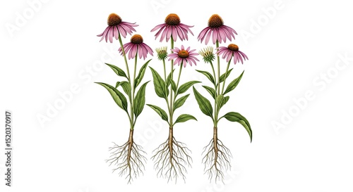Illustration of purple coneflowers with green stems leaves and visible roots against a white background ideal for medicinal botanical or garden themes.