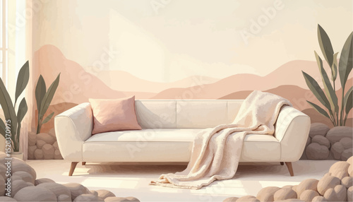 Beige sofa with pillow and blanket in a modern room