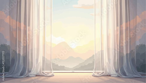 Sunrise mountain view through window with curtains