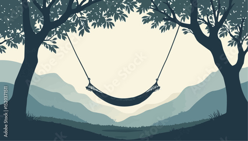 Hammock among tree overlooking mountain landscape