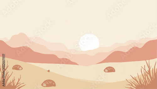 Desert landscape with sun and mountains