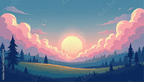 Landscape with Forest, Clouds and Sun