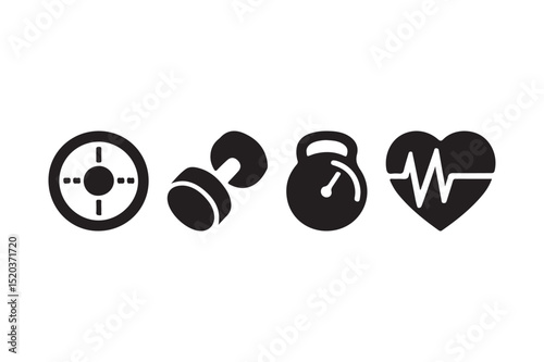 Fitness Icon Set Vector Gym, Health, Kettlebell, Dumbbell, Heartbeat Symbols