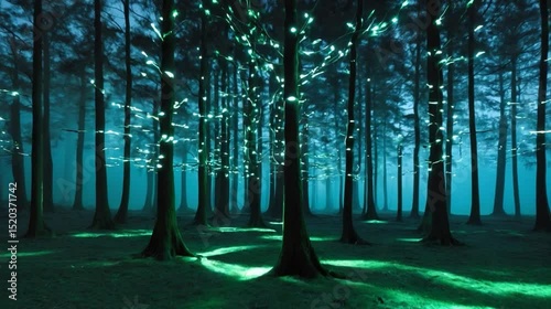 Enchanting forest scene with glowing trees and mysterious green light illuminating the night