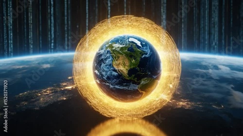 Earth globe surrounded by energy shielding with data stream in abstract digital space concept