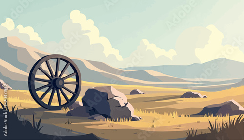 Wheel in Field with Mountain View