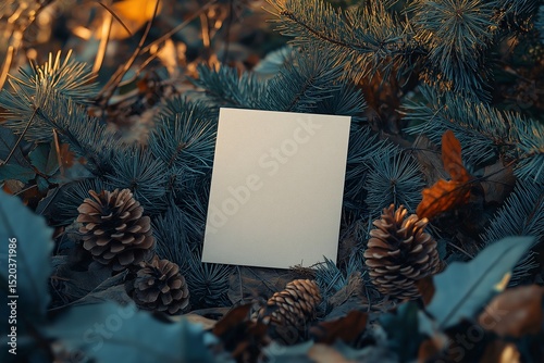 Rustic Autumn Forest Template. Creative Art Mockup with Foliage and Pinecones in a Tranquil Nature Setting
