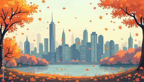 City skyline in autumn with falling leaves and waterfront view