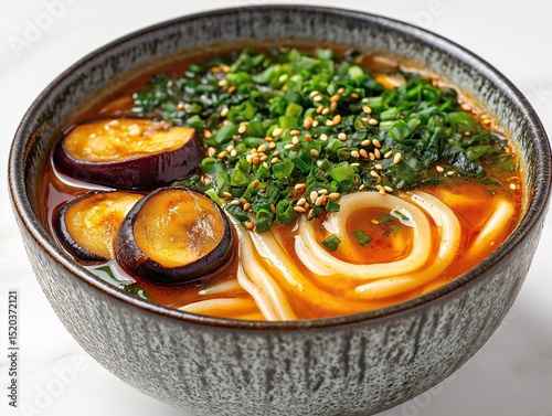 Vegan Japanese Udon Noodle Soup with Fresh Vegetables and Herbs in a Bowl - Authentic Asian Cuisine Food Photography