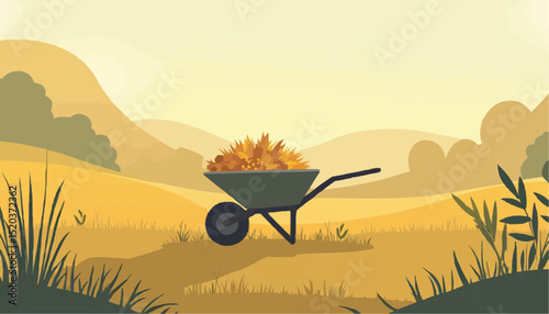 Wheelbarrow Full of Leaves in Autumn Landscape