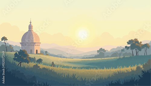 Landscape with Building, Field, and Mountains at Sunset