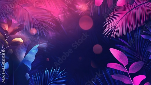 A neon summer night background with palm silhouettes