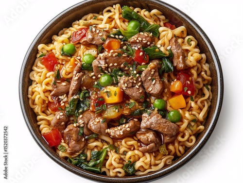 Delicious Homemade Beef and Vegetable Sesame Noodles Stir-Fry. Quick Asian Cuisine Recipe
