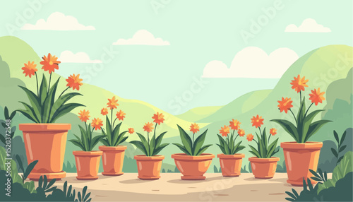 Flower Pots in Row with Green Hills Background