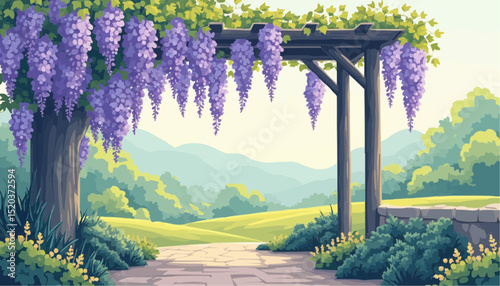 Wisteria bloom in garden pathway landscape