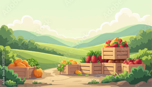 Fruit and vegetable harvest in a wooden crate cartoon illustration