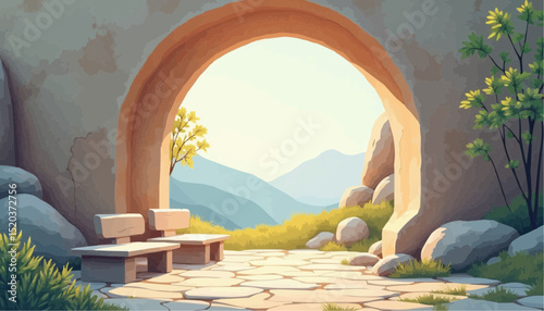 Stone archway view of mountain landscape