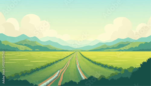 Green Field Landscape with Pipeline Cartoon