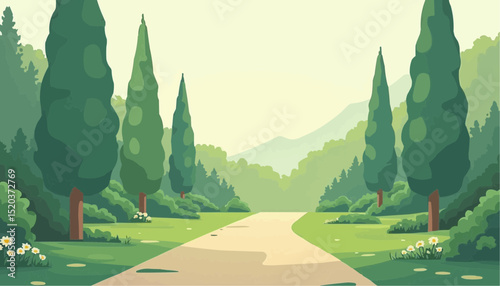 Cartoon Landscape With Road Trees Mountain