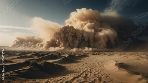 Enormous dust storm engulfing the arid desert landscape under a dramatic cloudy sky