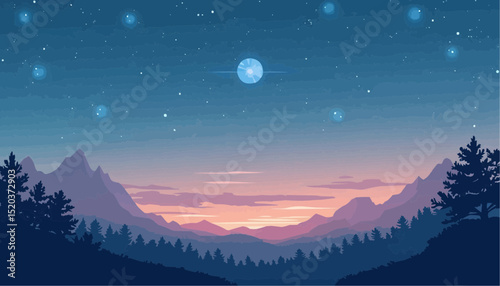 Night landscape with mountain and tree
