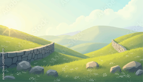 Green Rolling Hill with Stone Wall