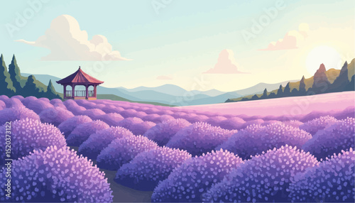 Lavender Field Landscape with Gazebo