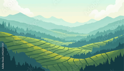 Green Field with Mountain Landscape