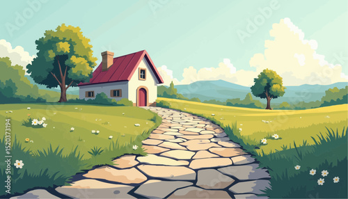 Cartoon House and Stone Path in a Green Field