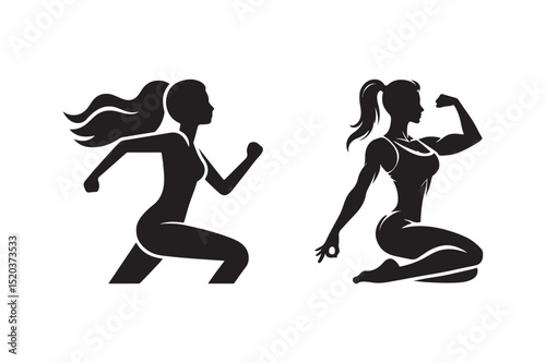 Female Fitness Silhouette Running and Strength Yoga Pose Icon