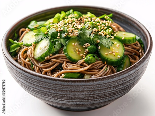 Healthy Vegan Soba Noodle Salad with Fresh Vegetables and Spicy Asian Seasoning - Quick Summer Dish Recipes