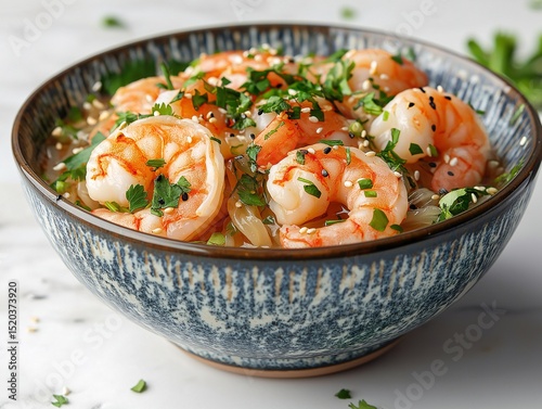 Delicious Shrimp Seafood Meal. A Healthy Home-Cooked Savory Dish with Fresh Herbs and Garlic