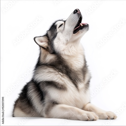Playful Adorable Husky Dog. Beautiful White Fur and Sharp Ears on Alert