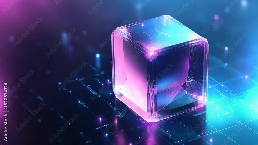 Abstract glowing cube on futuristic surface representing technology and innovation