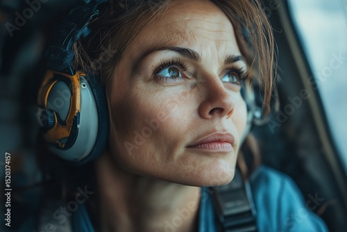 Female Military Pilot with Headset Focused on Aviation Technology in Helicopter Cockpit - Professional Aircrew in Action