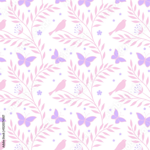 Delicate Pink Birds, Purple Butterflies, and Floral Foliage Seamless Pattern