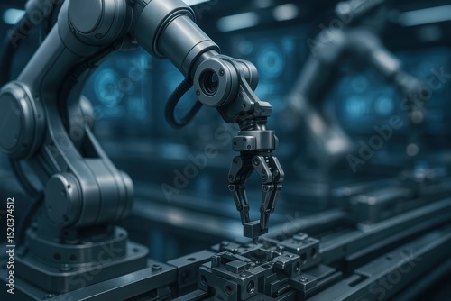 State-of-the-art automotive factory with a team of robotic arms, equipped with sensors and AI, precisely welding car chassis on an automated assembly line, sparks flying.