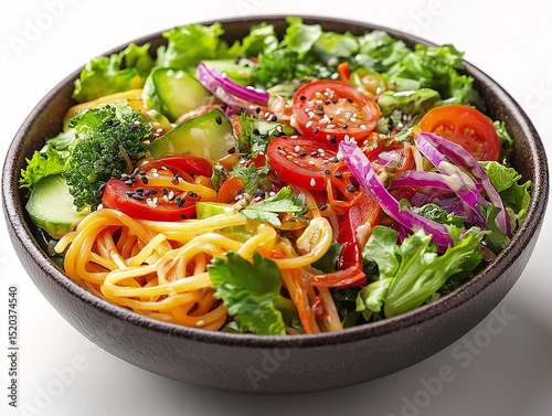 Colorful Mixed Salad with Fresh Organic Vegetables. A Healthy and Nutritious Vegetarian Bowl with Broccoli, Tomatoes, and Cucumber