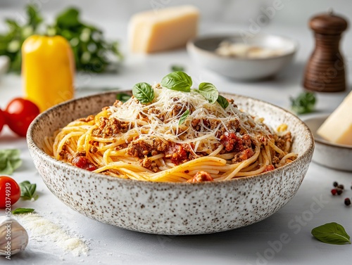 Indulgent Italian Spaghetti Dish with Tomato Sauce and Fresh Basil - Vibrant Food Styling & Culinary Presentation